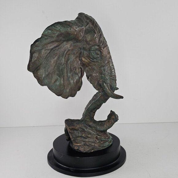 Cast Metal Elephant Head Sculpture On Black Base Bronze Look - Picture 5 of 8